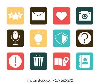 mobile application email icons like camera, audio, shield contact, web button menu digital flat style icons set vector illustration