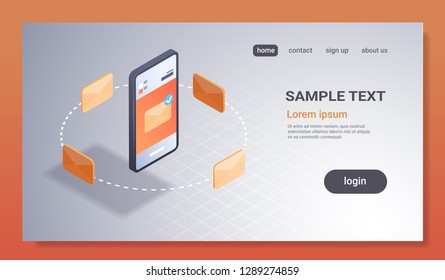mobile application email notification concept new inbox unread letter e-mail message 3d isometric smartphone screen internet communication flat horizontal copy space