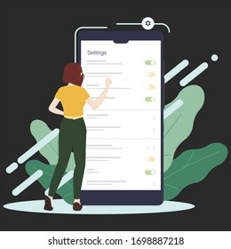 Mobile application and female, woman using device, Setting screen on smartphone. Illustration for Web. 
