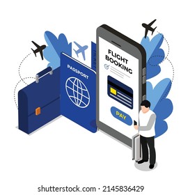 Mobile application for flight booking isometric 3d vector illustration concept for banner, website, illustration, landing page, template, etc