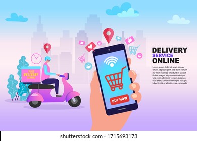 Aplicación móvil. Mano sosteniendo smartphone con pedido de Internet en línea. Entrega rápida de servicio a tiempo por scooter con banner de mensajería. Dibujo vectorial plano.