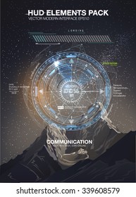 Mobile application HUD interface design. Infographic elements for your projects. Night scenery starry sky and the mountains. Space galaxy futuristic user interface HUD UI UX science background