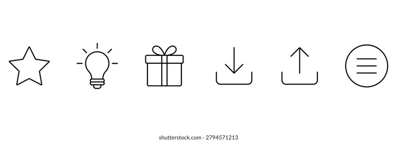 Mobile application icon set with star, lightbulb, gift box, download, upload and hamburger menu symbols, black outline web user interface graphics.