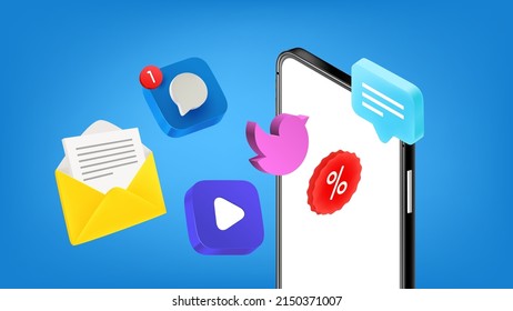 Symbole für mobile Anwendungen mit modernem Smartphone. 3D-Vektorgrafik