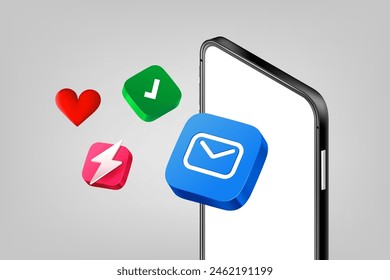 Mobile application icons with modern smartphone. 3d vector illuistration
