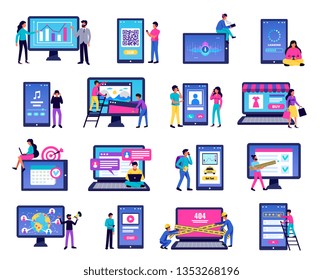 Mobile application icons set with laptop and smartphone symbols flat isolated vector illustration