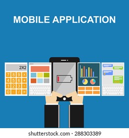 Mobile application illustration. Flat designs. Mobile application concept on gadget screen. 