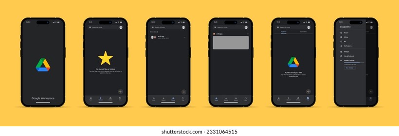 Mobile application interface. Dark interface. Online storage. Cloud storage. Store files in the cloud. Google Drive app. Layout of the cloud storage. Google Drive logo. Mobile application layout.