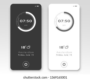Mobile application interface design. Clock screensaver dark and light options.