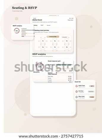 A mobile application interface design for event planning, showing a seating chart preview, RSVP analytics with guest response split, and a guest list with status labels.