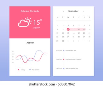 Mobile application interface design. Weather widget. UI interface. Calendar.Graph interdace