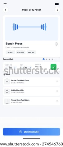 A mobile application interface displays a fitness workout tracker for upper body power, featuring bench press details, weight and rep counters, and a list of upcoming exercises.