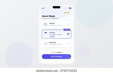 A mobile application interface displays a game mode selection screen with options for casual, ranked, and hardcore levels, featuring a start challenge button and coin balance.