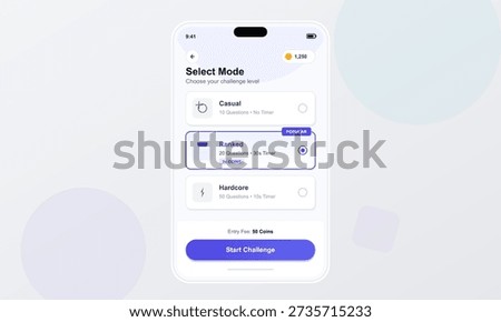 A mobile application interface displays a game mode selection screen with options for casual, ranked, and hardcore levels, featuring a start challenge button and coin balance.