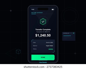 A mobile application interface displays a successful digital wallet transfer of one thousand two hundred forty dollars on a dark futuristic background with green accents.