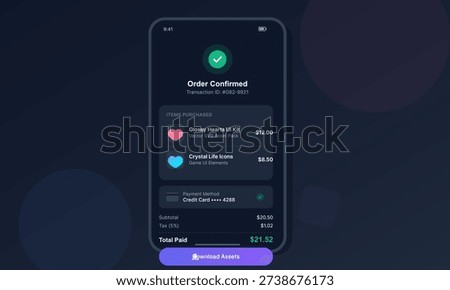 A mobile application interface displays a successful order confirmation screen with a list of digital assets purchased, payment details, and a download button on a dark background.