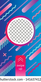Mobile application interface element in trendy memphis style. Modern user interface with blank round frame and scroll up pictogram. Home page mobile blog layout. Abstract geometric vector illustration