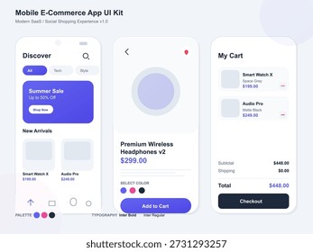 Una interfaz de aplicación móvil para compras en línea. Cuenta con secciones para descubrir artículos, una lista de nuevos productos y un área para realizar compras.