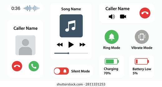 Mobile application interface set featuring call controls music player battery status and notification icons suitable for smartphone dashboard user experience communication and technology design projects.