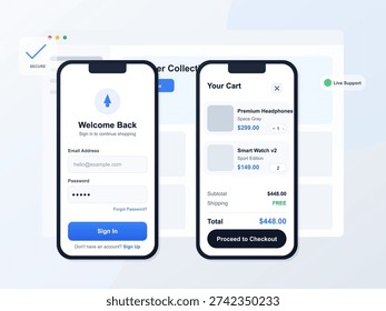 A mobile application interface showing a login screen and a shopping cart summary on two smartphones. The modern UI design includes product details, pricing, and checkout options.