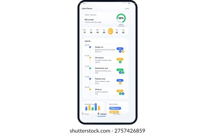 A mobile application interface for a sprint planner showing team capacity, a weekly calendar, and a daily agenda with scheduled tasks, deadlines, and project analytics.