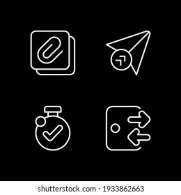 Mobile application interface white linear icons set for dark theme. Sending messages. Enabling timer. Night mode customizable thin line symbols. Isolated vector outline illustrations. Editable stroke