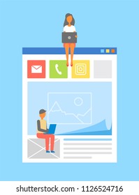 Mobile application isolated on blue background, man and woman developers sitting on icons and borders of modern device app, user interface sample