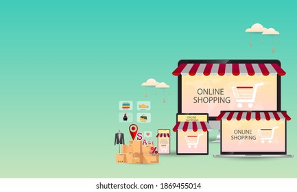 Mobile Application, laptop,Shopping Online on Website, Vector Concept