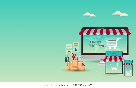 Mobile Application, laptop,Shopping Online on Website, Vector Concept