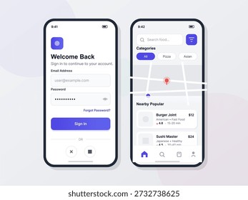 Um layout de aplicativo móvel mostra uma tela de logon à esquerda e uma interface de mapa à direita. Os usuários podem acessar categorias de alimentos e locais populares para opções de entrega rápida.