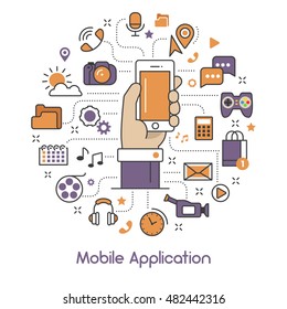 Mobile Application Line Art Thin Vector Icons Set with Smartphone and Services