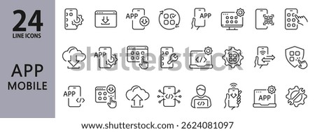 Mobile Application line icons set with App, Smartphone, Software, Technology, Programming, Interface and more. Editable Stroke
