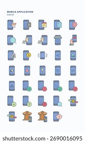 Conjunto de ícones de cores lineares da aplicação móvel, Sua incluindo ícones como carrinho, data, localização e banco