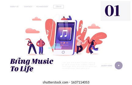 Mobile Application for Listening Music Website Landing Page. People Listen Music on Phone. Characters Enjoying Sound Composition, Dancing Exercising Web Page Banner. Cartoon Flat Vector Illustration