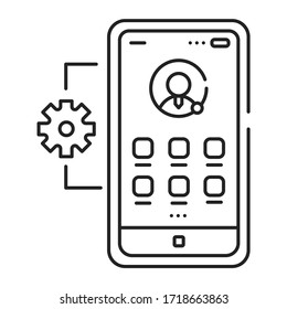 Icono de línea negra de administración de aplicaciones móviles. Describe el software y los servicios responsables del aprovisionamiento de acceso a aplicaciones móviles desarrolladas internamente. Pictograma para página web, aplicación móvil, promoción.
