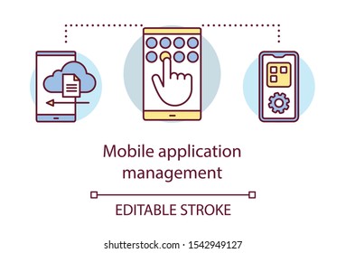 Mobile application management courses concept icon. Portable devices software development idea thin line illustration. Smartphone, tablet apps. Vector isolated outline drawing. Editable stroke