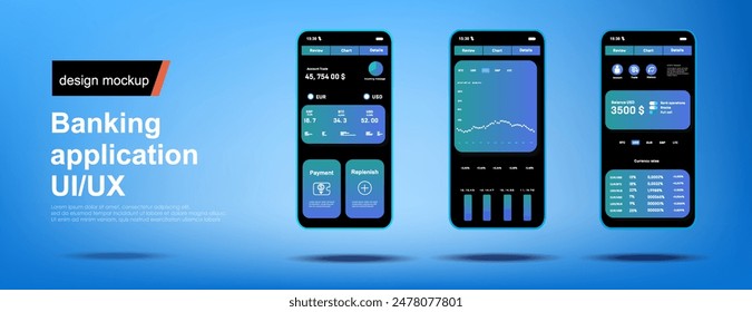 Mobile application with modern trading platform. Financial platform for smartphone. Design layout application on smartphone with financial market. Custom app for marketplace on smartphone