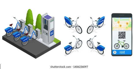 Mobile application on the phone for renting a bike in the city. EV bike station. City Life with Eco Transportation. Healthy Lifestyle. Isometric illustration