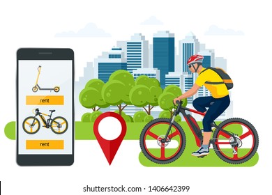 Mobile application on the phone for renting a bike in the city. EV bike station. City Life with Eco Transportation. Healthy Lifestyle.