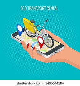 Mobile application on the phone for renting a bike in the city. EV bike station. City Life with Eco Transportation. Healthy Lifestyle.