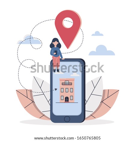Mobile application on phone screen. A woman looks in the phone the desired well adress. Online map. Location. Flat vector illustration.