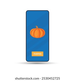 Aplicativo móvel no smartphone com botão de abóbora e laranja, conceito de aprendizado de legumes, conceito de outono