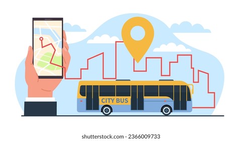 Aplicación móvil en smartphone para rastrear rutas de bus en el mapa de la ciudad. Ilustración de caricatura de estilo plano. Mano sostén el teléfono. Par de ubicación. Ruta de seguimiento de la aplicación de transporte público. Concepto de vector