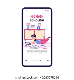 Mobile application onboarding page for children homeschooling and online courses, colorful flat cartoon vector illustration isolated on white background.