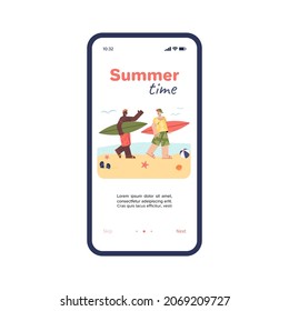 Página de inicio de aplicación móvil para actividades de vacaciones y viaje de aventura o viaje de verano, colorida ilustración vectorial de dibujos animados planos aislados en fondo blanco.