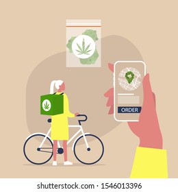 Mobile application for online cannabis delivery service, Young female courier with a large backpack riding a bike