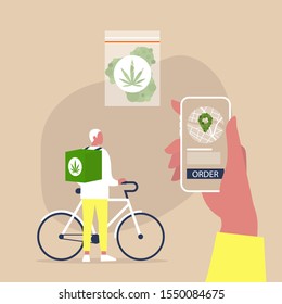 Mobile application for online cannabis delivery service, Young male courier with a large backpack riding a bike