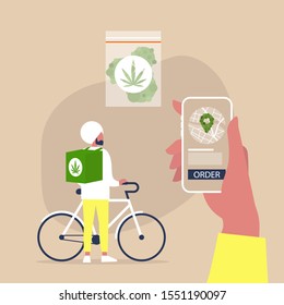 Mobile application for online cannabis delivery service, Young indian male courier with a large backpack riding a bike