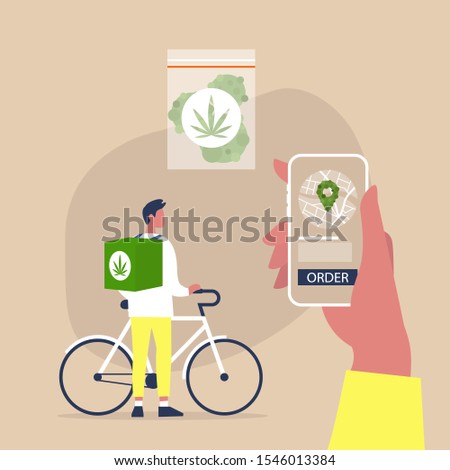 Mobile application for online cannabis delivery service, Young male courier with a large backpack riding a bike