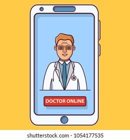 Mobile application online consultation doctor.Young man medical speialist.Healthcare mobile phone icon.Digital device smartphone.Line art flat vector.Cartoon character people.Worker hospital,clinic. 